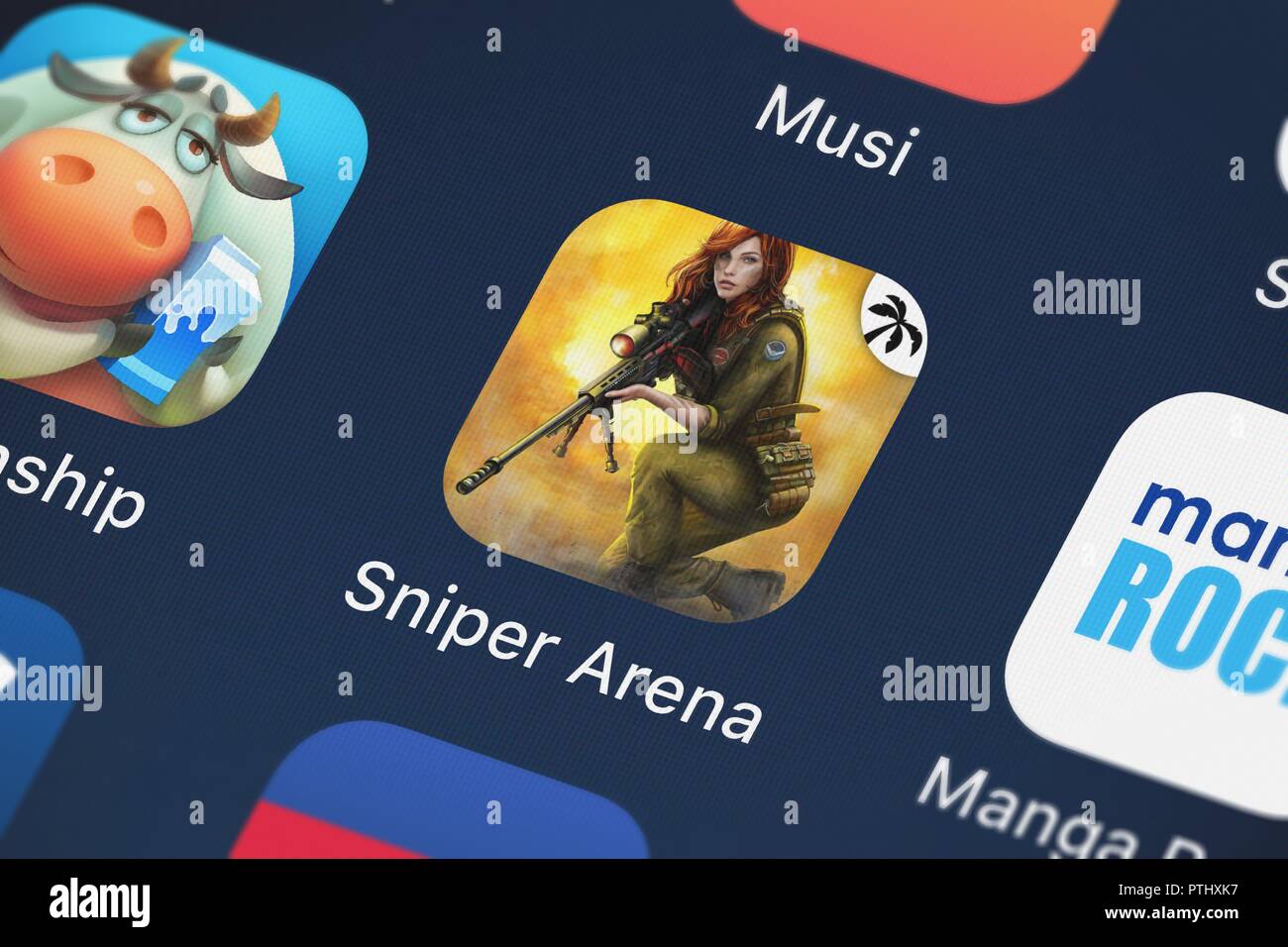 London, Großbritannien - 09.Oktober 2018: Nahaufnahme der Sniper Arena: Online PvP-Spiel symbol Anwendung von Nordcurrent auf einem iPhone. Stockfoto