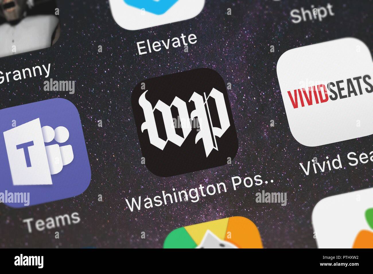 London, Großbritannien - 09.Oktober 2018: Nahaufnahme der beliebte App von der Washington Post Die Washington Post Klassiker. Stockfoto