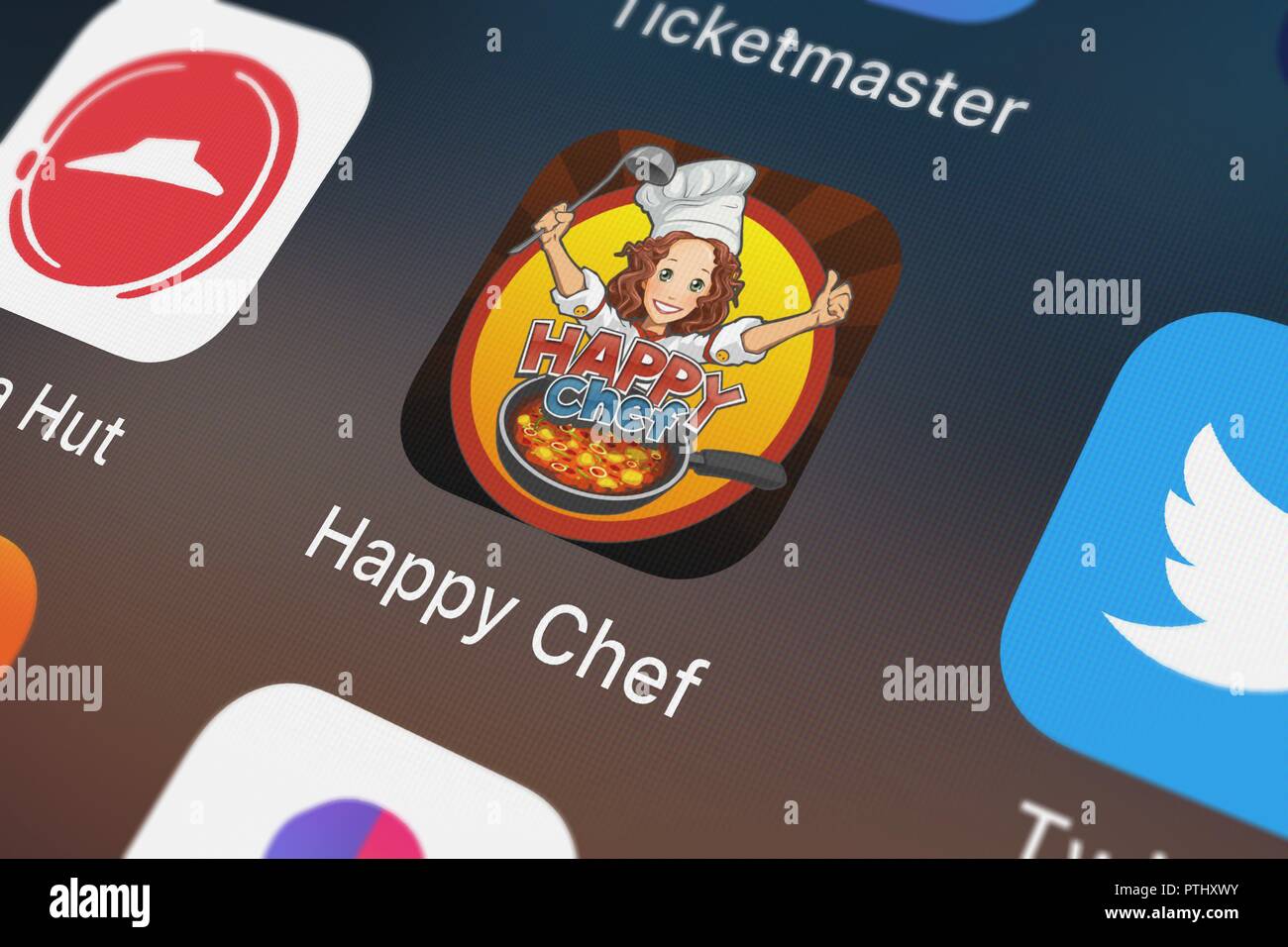 London, Großbritannien - 09 Oktober, 2018: Close-up des Happy Chef Symbol aus Nordcurrent auf einem iPhone. Stockfoto