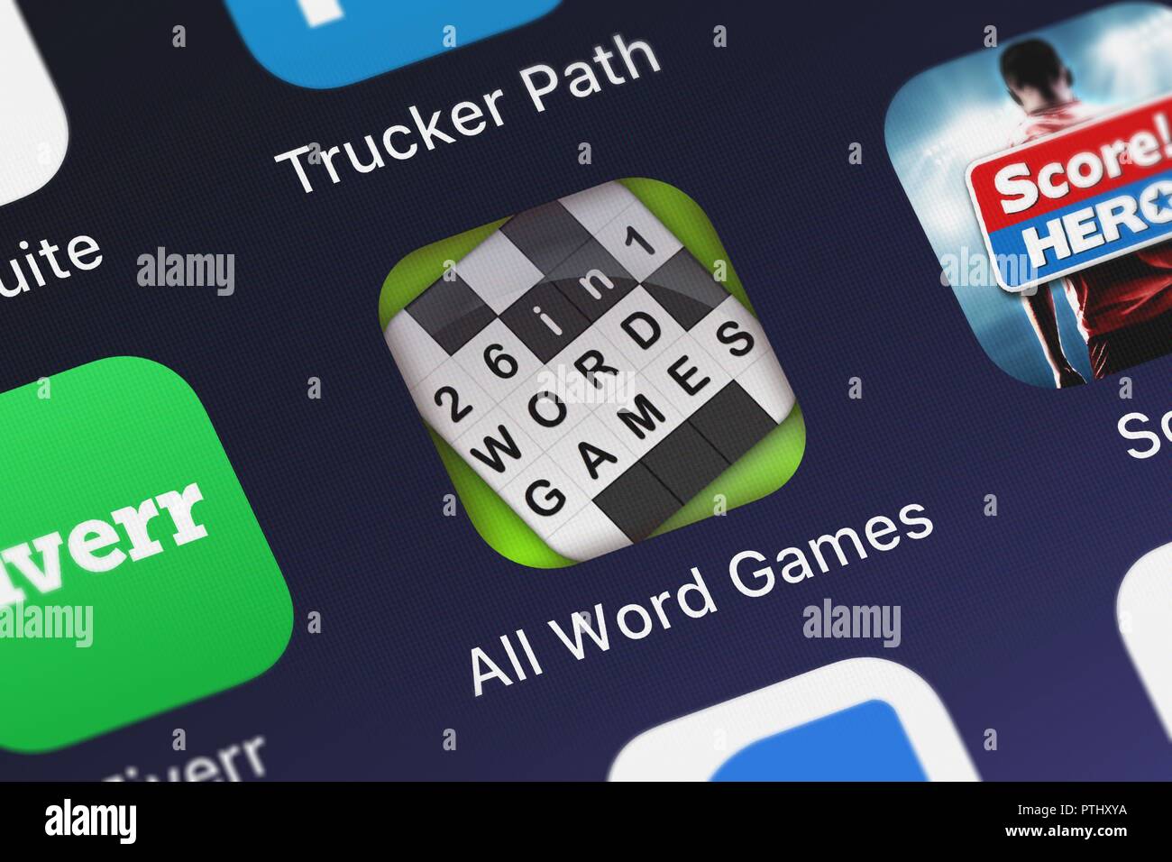 London, Großbritannien - 09.Oktober 2018: Nahaufnahme der Alle Word Symbol Spiele von Nordcurrent auf einem iPhone. Stockfoto