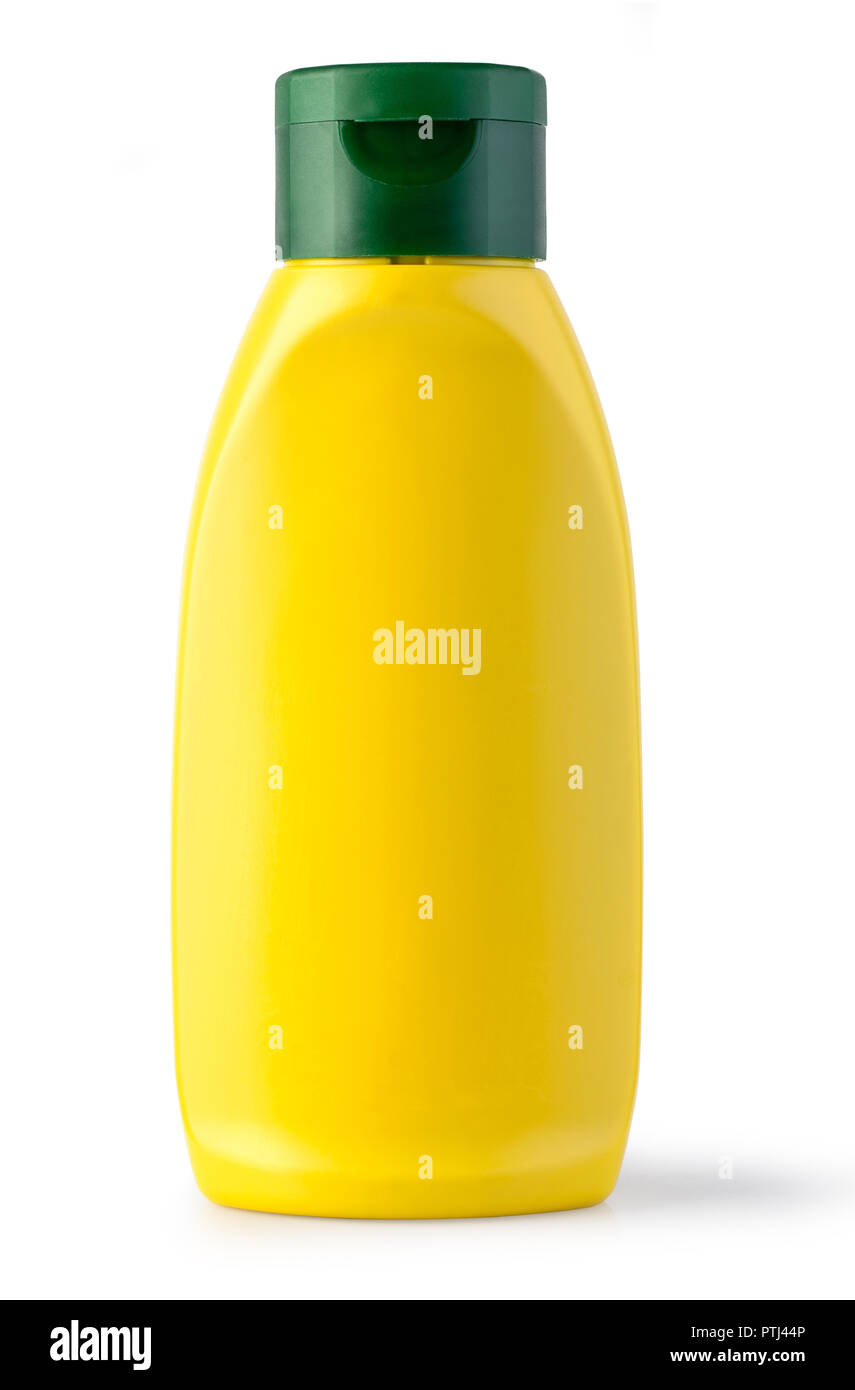 Senf Flasche auf einen weißen Hintergrund mit Freistellungspfad Stockfoto