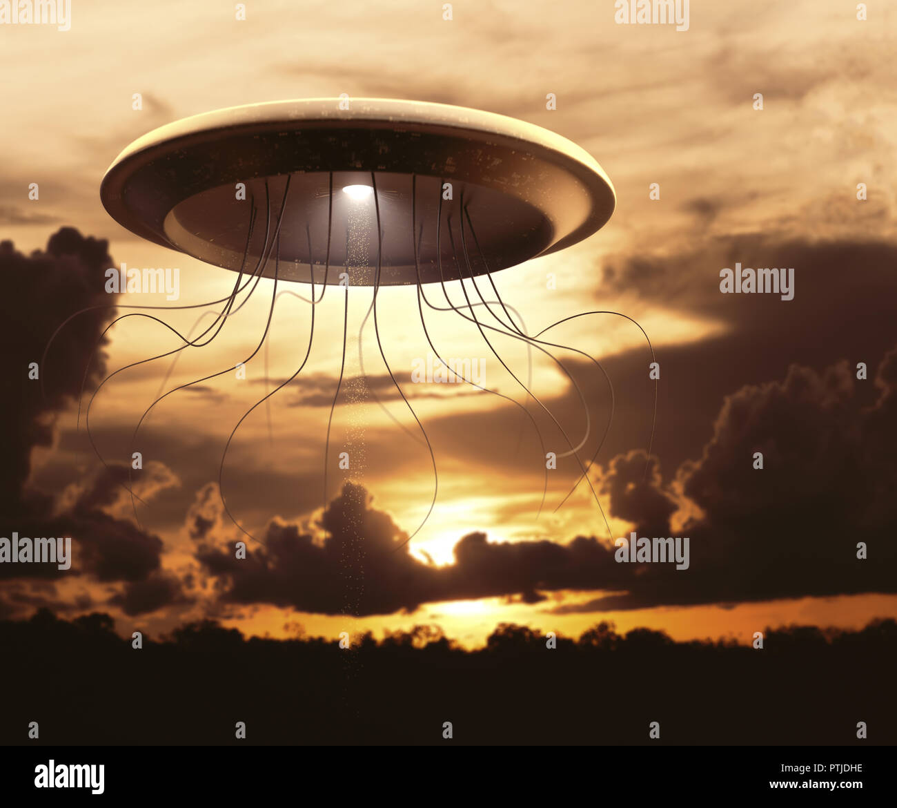 Außerirdisches Raumschiff Invasion der Erde. Konzept Bild, Krieg der Welten. Stockfoto