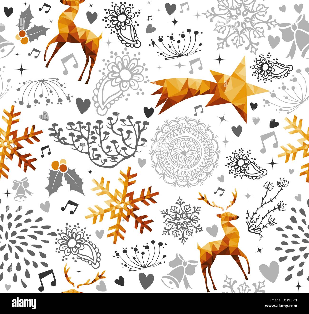 Frohe Weihnachten nahtlose Muster mit gold Rentier und Winter Dekoration für Weihnachten Hintergrund. EPS 10 Vektor. Stock Vektor