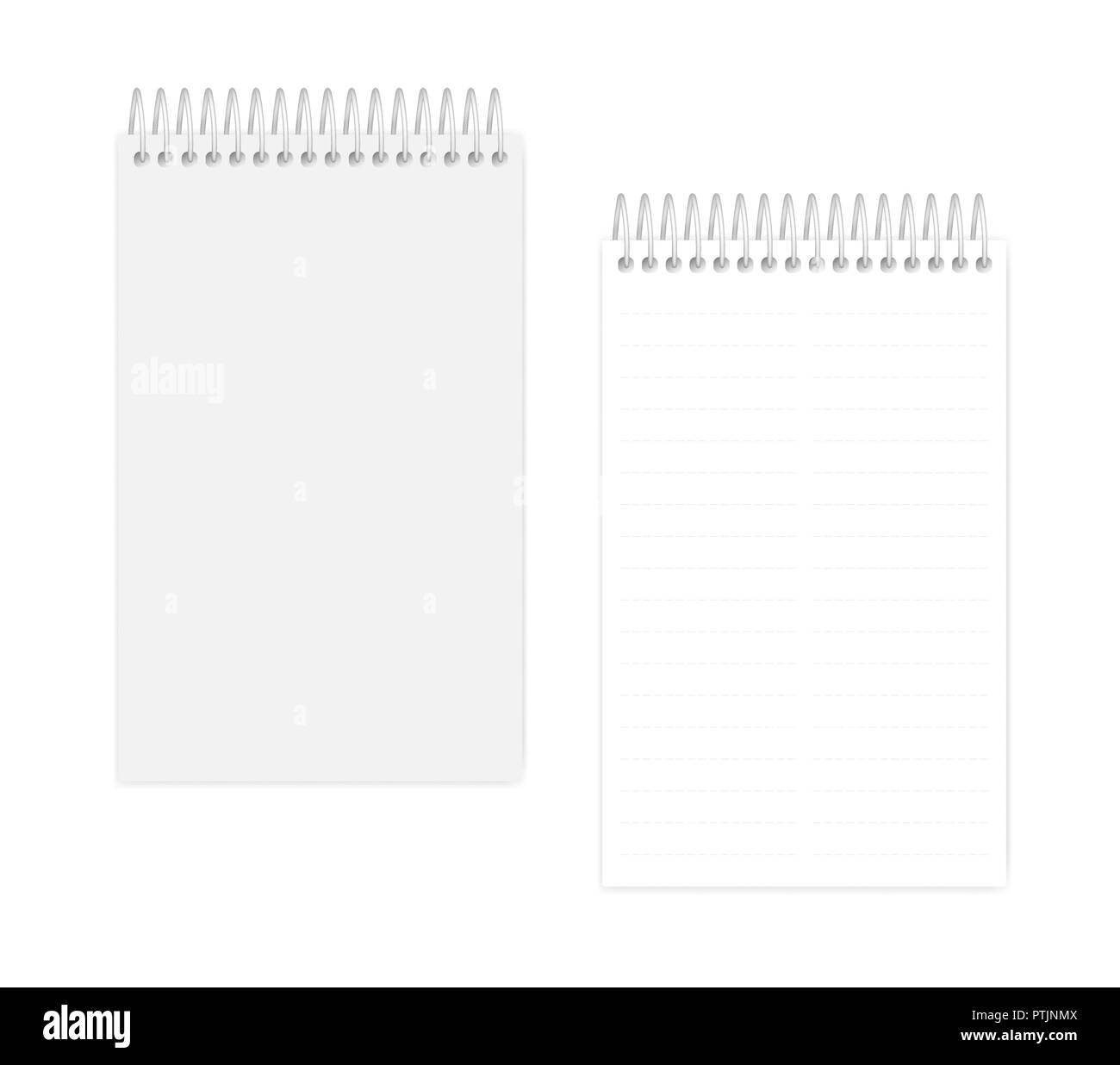 Zwei Spalte gestrichelte Linie oben Spirale notebook, Vektor mockup. Kabel junior legal Notepad gebunden, Mock up. Softcover Tagebuch: Seite und Abdeckung, Vorlage Stock Vektor