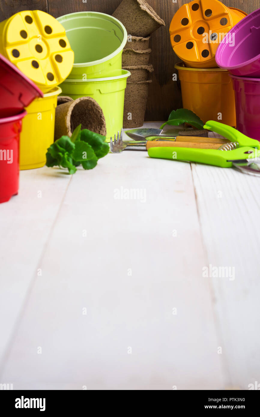 Tools und leeren Bunte Töpfe wie Gartenarbeit vertikale Hintergrund mit Kopie Raum über weiße Holztisch Stockfoto