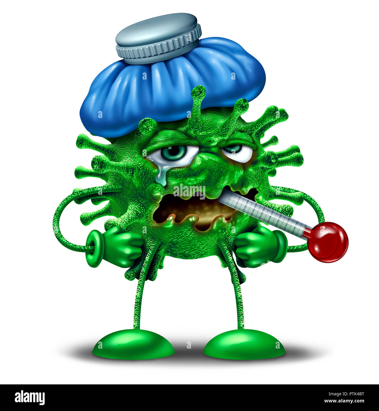Winter Grippe Charakter als Grippe oder Virus Infektion Symbol als Kranken fieberhaft cartoon Erreger Zelle mit einem Eisbeutel und Thermometer. Stockfoto