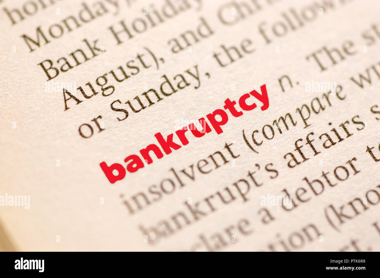 Wörterbuch Definition der Konkurs. Nahaufnahme, Soft Focus Stockfoto