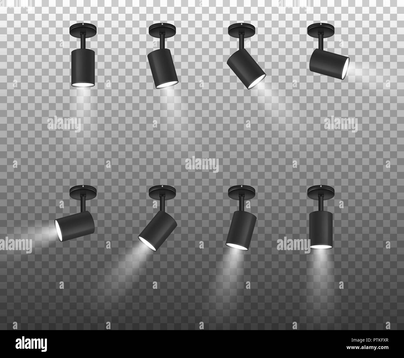 Vektor realistische 3D-Schwarzen Strahler in verschiedenen Pisten Closeup isoliert auf Transparenten Hintergrund. Design Template von Hell leuchtende Flecken mit kleines Lifting Effekt für die Zeremonie, Show, Bühne etc. Stock Vektor