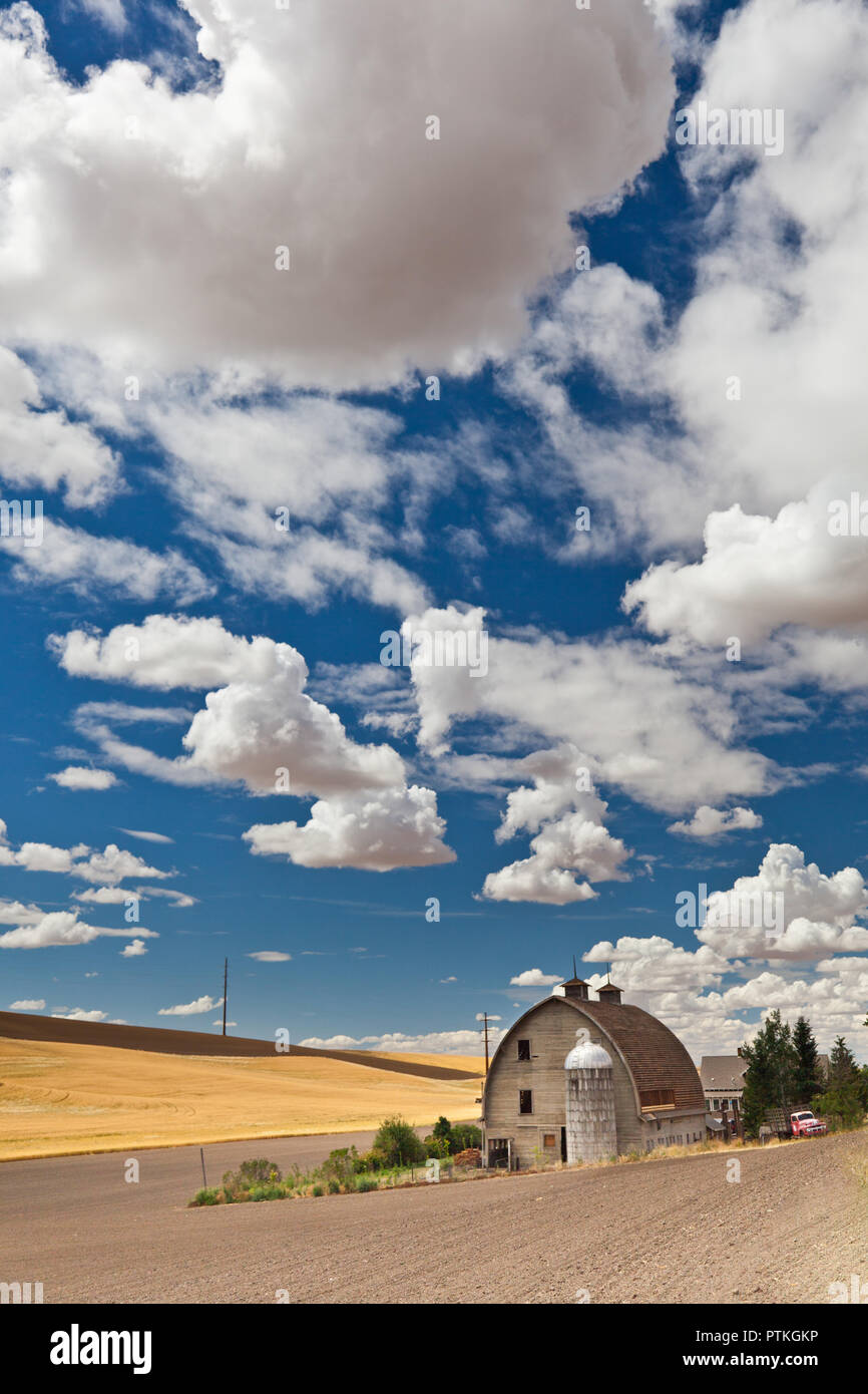 Eine Scheune mit einem Silo in der Palouse region Pullman, WA mit einem gepflügten Feldes Stockfoto