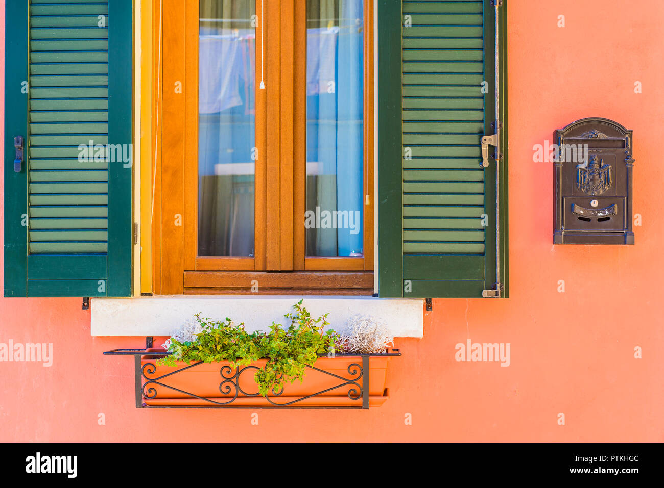 Blumentöpfe, Detail der Häuser. Burano, Venedig, Venetien, Italien, Europa Stockfoto