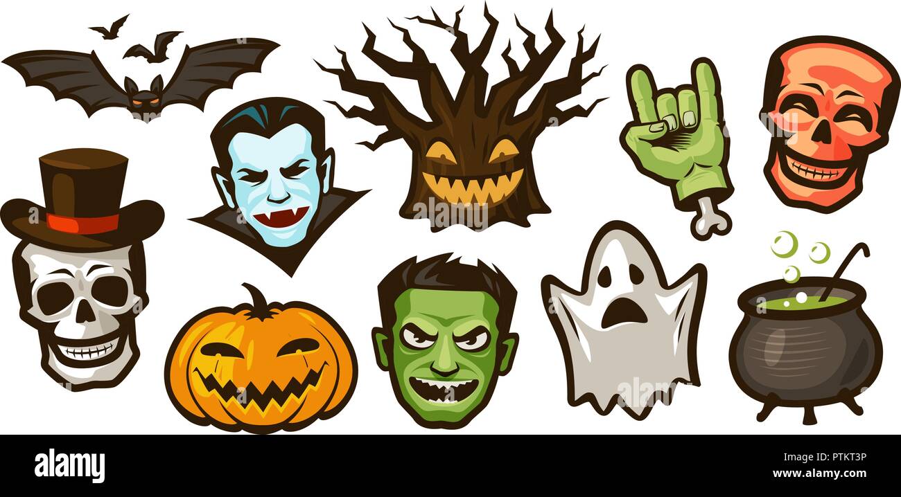 Halloween Set von Etiketten oder Aufklebern. Urlaub Symbol. Cartoon Vector Illustration Stock Vektor