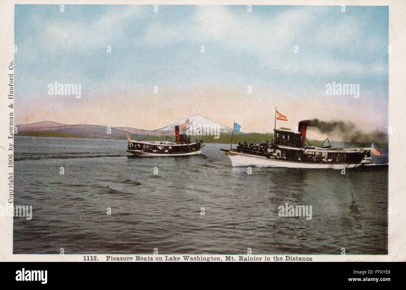 Sportboote, Lake Washington, Mt. Rainier, antike Postkarte Stockfoto