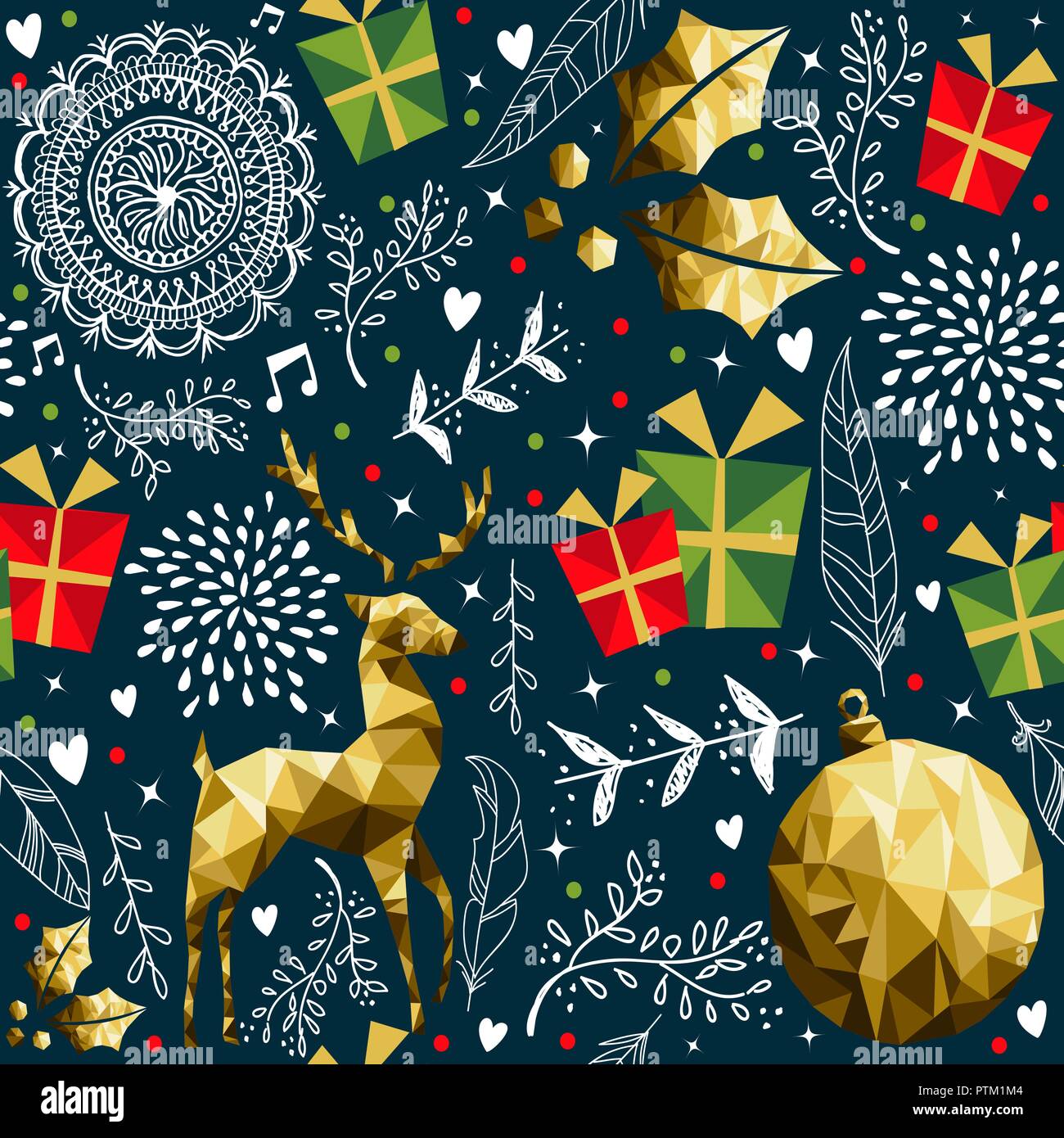 Frohe Weihnachten nahtlose Muster mit gold Rentier und Weihnachten Dekoration für Weihnachten Hintergrund. EPS 10 Vektor. Stock Vektor