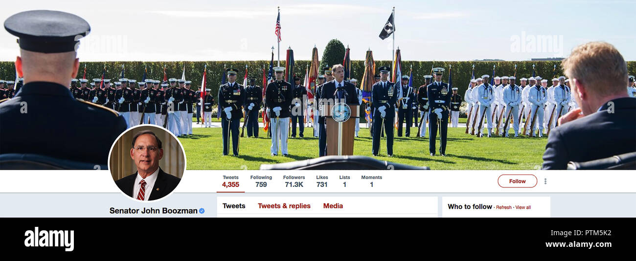 Twitter Seite für John boozman. John Nichols Boozman ist Senior United States Senator für Arkansas, und Mitglied der Republikanischen Partei. Er diente, wie die Vereinigten Staaten repräsentativ für die Arkansas 3 kongreßbezirk von 2001 bis 2011. In Shreveport, Louisiana geboren, Er ist der Bruder des verstorbenen Senator Fay Boozman. Stockfoto