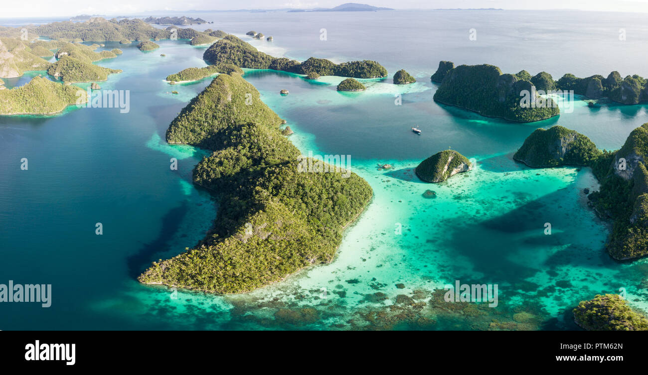 Dramatische Kalkstein Inseln Aufstieg von der wunderschönen Küstenlandschaft von Wayag in Raja Ampat, Indonesien. Stockfoto
