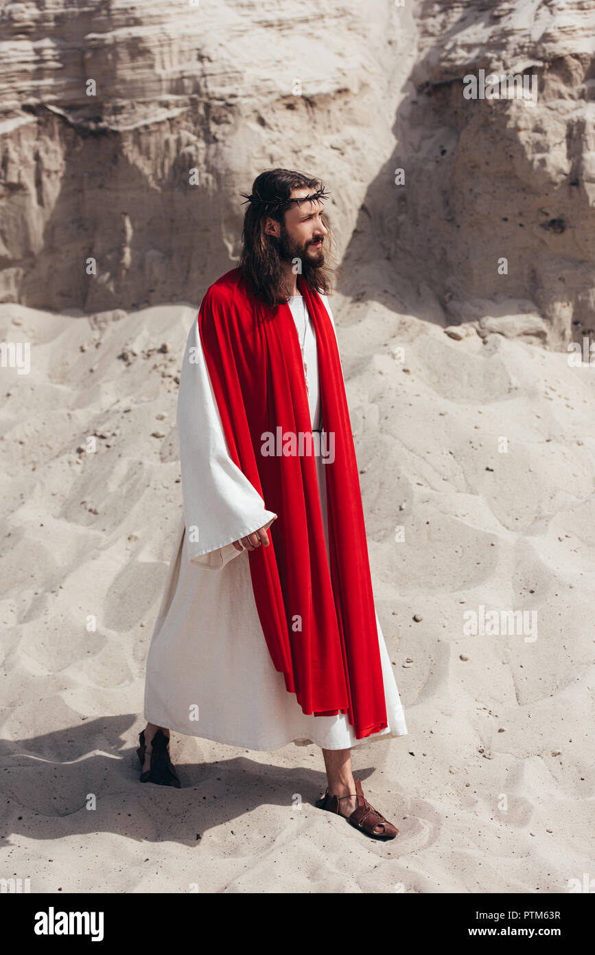 Seitliche Sicht auf Jesus in Robe, roten Schärpe und Dornenkrone Wandern in der Wüste Stockfoto
