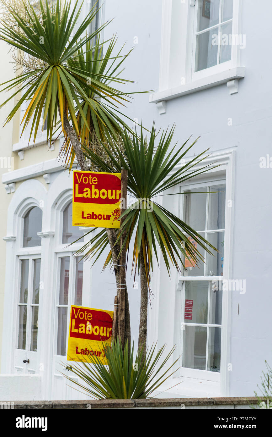 Abstimmung der Arbeit Schilder und Poster an Fenstern und Türen der Häuser in Falmouth, Cornwall. Großbritannien Stockfoto