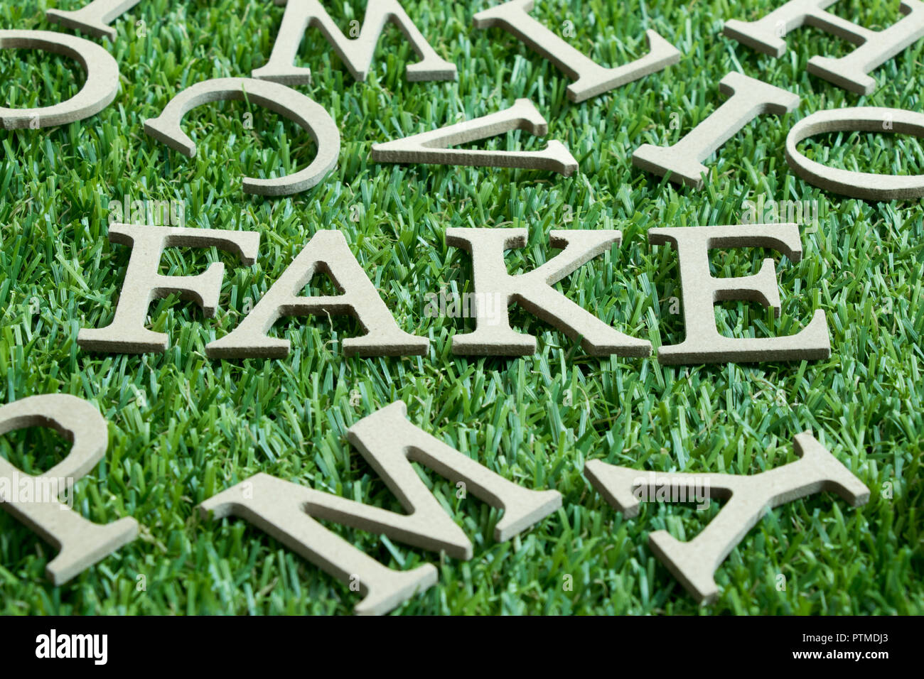 Holz Buchstabe im Wort fake auf künstlichen grünen Gras wit englische Alphabet Hintergrund Stockfoto