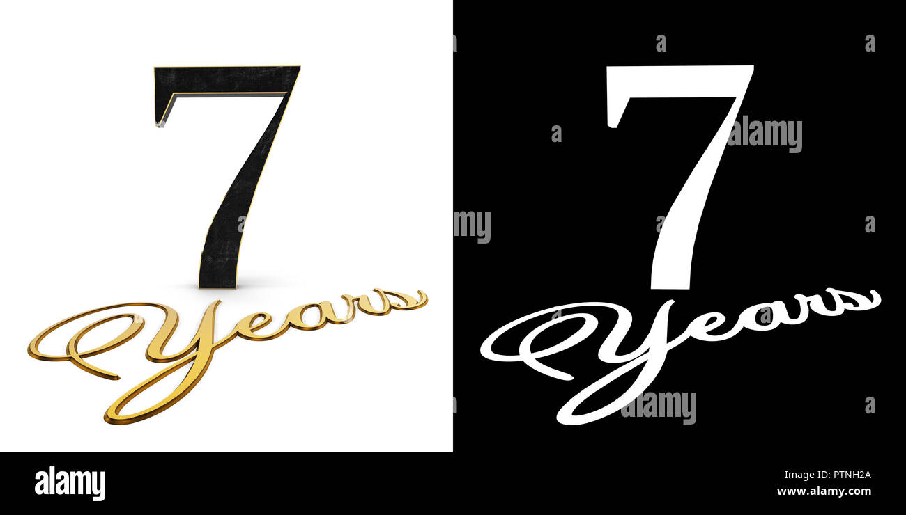 Goldene Zahl 7 (Nummer 7) und die Inschrift Jahre mit Schlagschatten und Alpha Kanal. 3D-Darstellung. Stockfoto