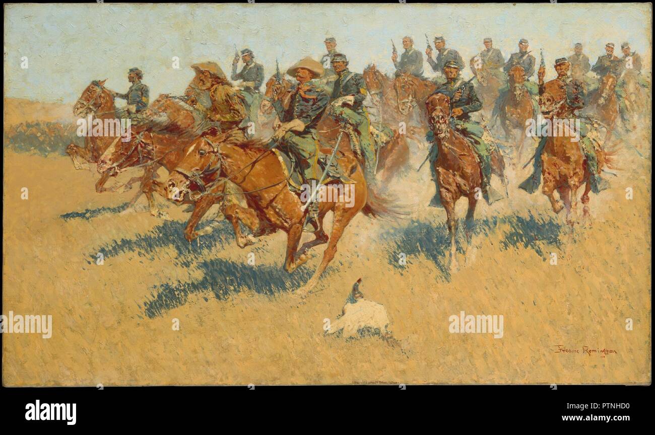 Auf der südlichen Plains. Artist: Frederic Remington (Amerikanische, Canton, New York 1861-1909 Ridgefield, Connecticut). Abmessungen: 30 1/8 x 51 1/8 in. (76,5 x 129,9 cm). Datum: 1907. Einem der beliebtesten Remington Themen war der amerikanische Soldat im Westen, von denen er schrieb: seine Heldenhaftigkeit ist Pflicht, und es ist vermutlich." Hier, Soldaten, geführt von einem Scout in hirschleder einen unsichtbaren Feind. Obwohl die Malerei wohl gemeint war, um den Krieg gegen die Indianer in den 1860er Jahren - zu beziehen - Remington betitelt es' Kavallerie in 60er" - die Uniformen und Waffen Datum unterschiedlich aus der Zeit des Bürgerkriegs t Stockfoto