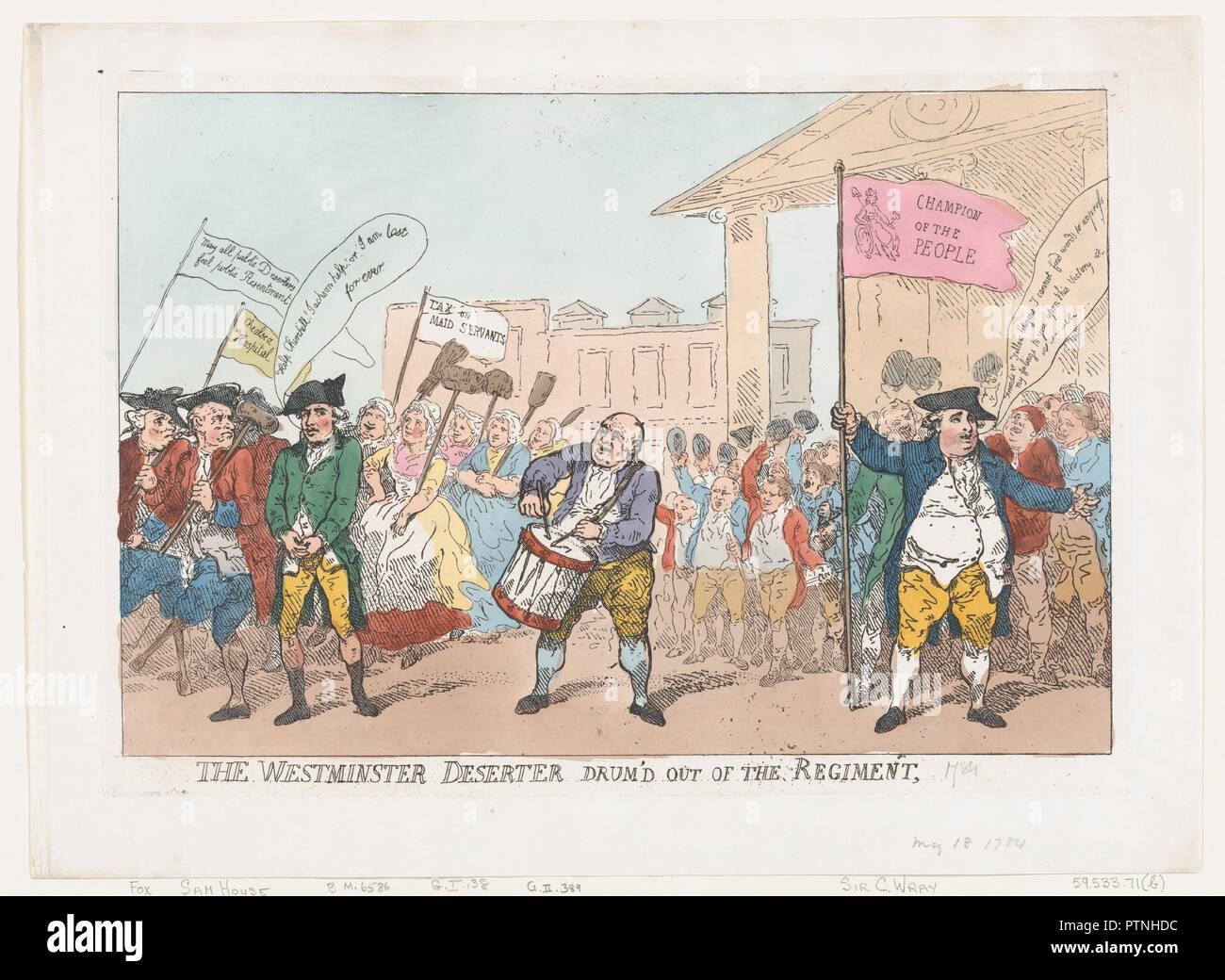 Das Westminster Deserteur Drum 'Aus dem Regiment. Artist: Thomas Rowlandson (Briten, London 1757-1827 London). Maße: Blatt: 11 1/2 x 15 3/4 in. (29,2 × 40 cm) Platte: 9 3/4 × 13 13/16-in. (24,8 × 35,1 cm). Erschienen in: London. Herausgeber: Hannah Humphrey (London). Betrifft: Charles James Fox (British, 1749-1806); Sir Cecil Wray (Briten, Yorkshire 1734-1805 Lincolnshire); Samuel Haus (Briten, aktive Ca. 1780). Datum: 18.Mai 1784. Museum: Metropolitan Museum of Art, New York, USA. Stockfoto