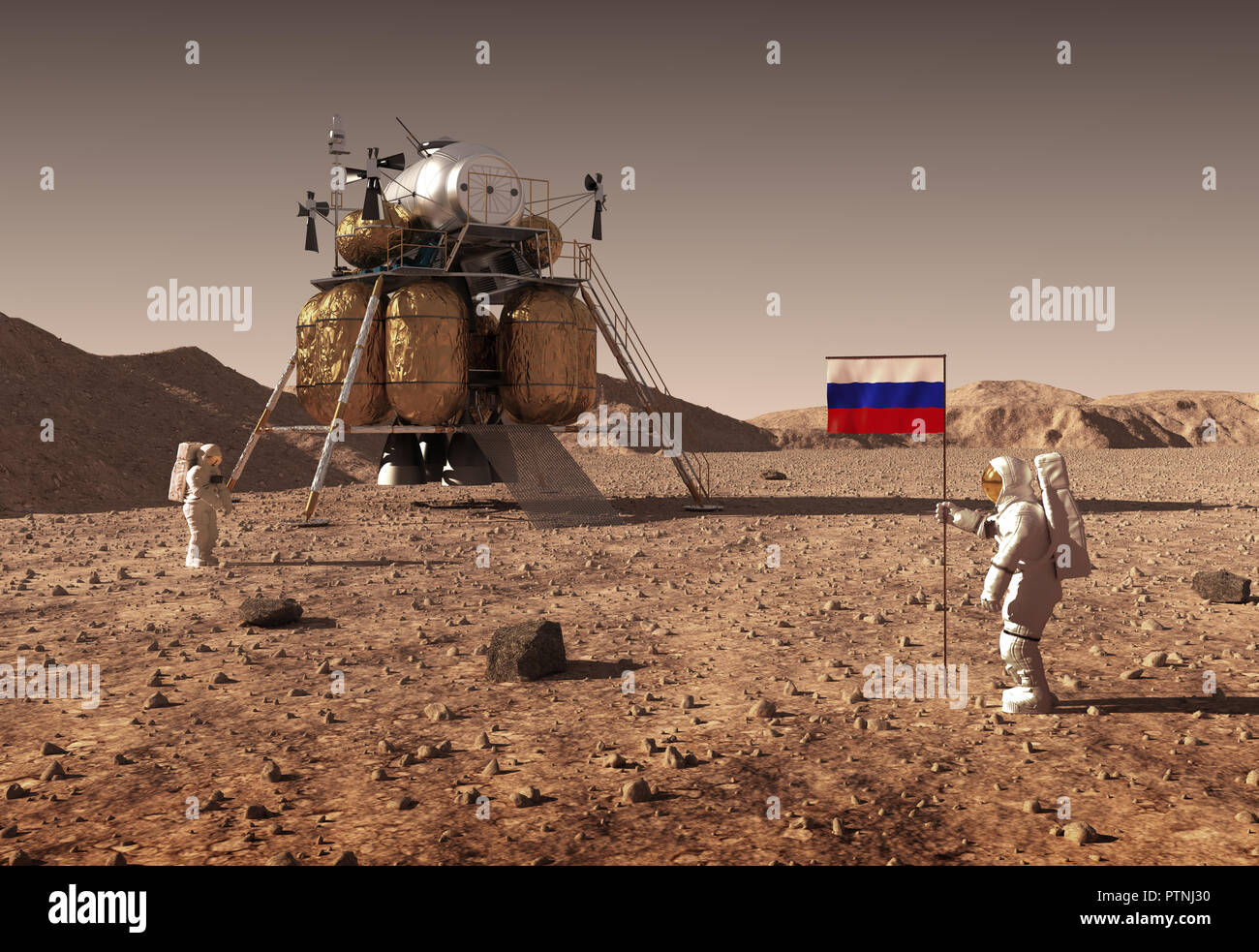Astronauten eine Russische Fahne auf dem Planeten Mars. 3D-Darstellung. Stockfoto