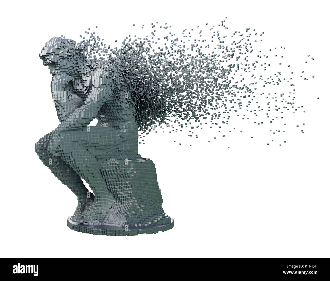 Desintegration der Digitalen Metall Skulptur Denker auf weißem Hintergrund. 3D-Darstellung. Stockfoto