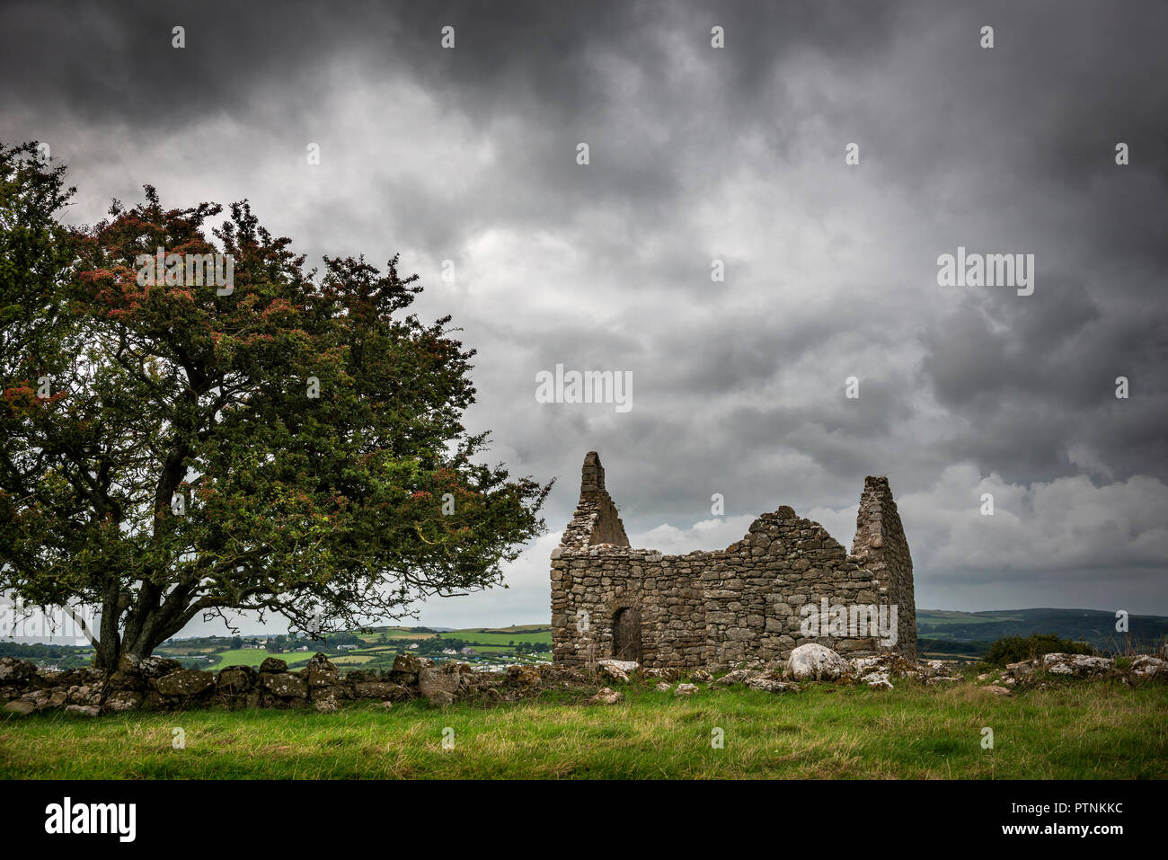 Hen Capel Lligwy Kapelle auf Anglesey, Wales, Großbritannien ruiniert Stockfoto