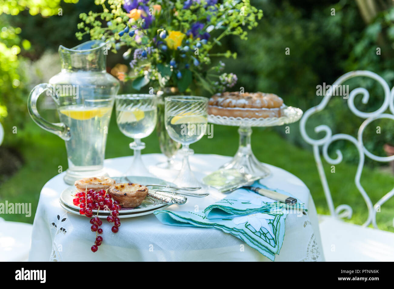 Rote Beeren und Pudding auf Tabelle mit Wasserkrug und Gläser in Englischer Garten Stockfoto