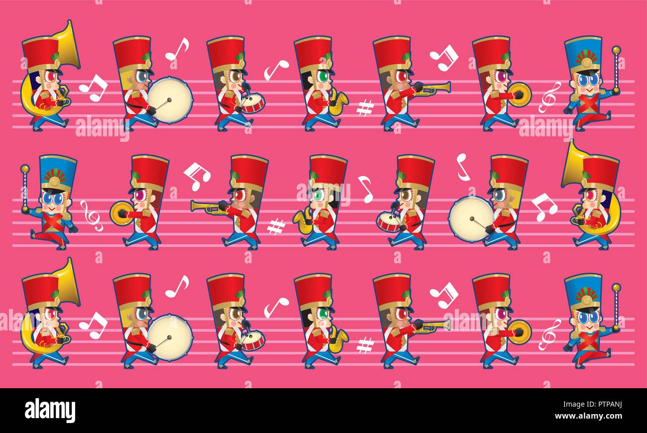 Ein marschierendes cute Brass Band mit verschiedenen Arten von Instrumenten. Mit Farbe und Musik Symbole Hintergrund. Stock Vektor