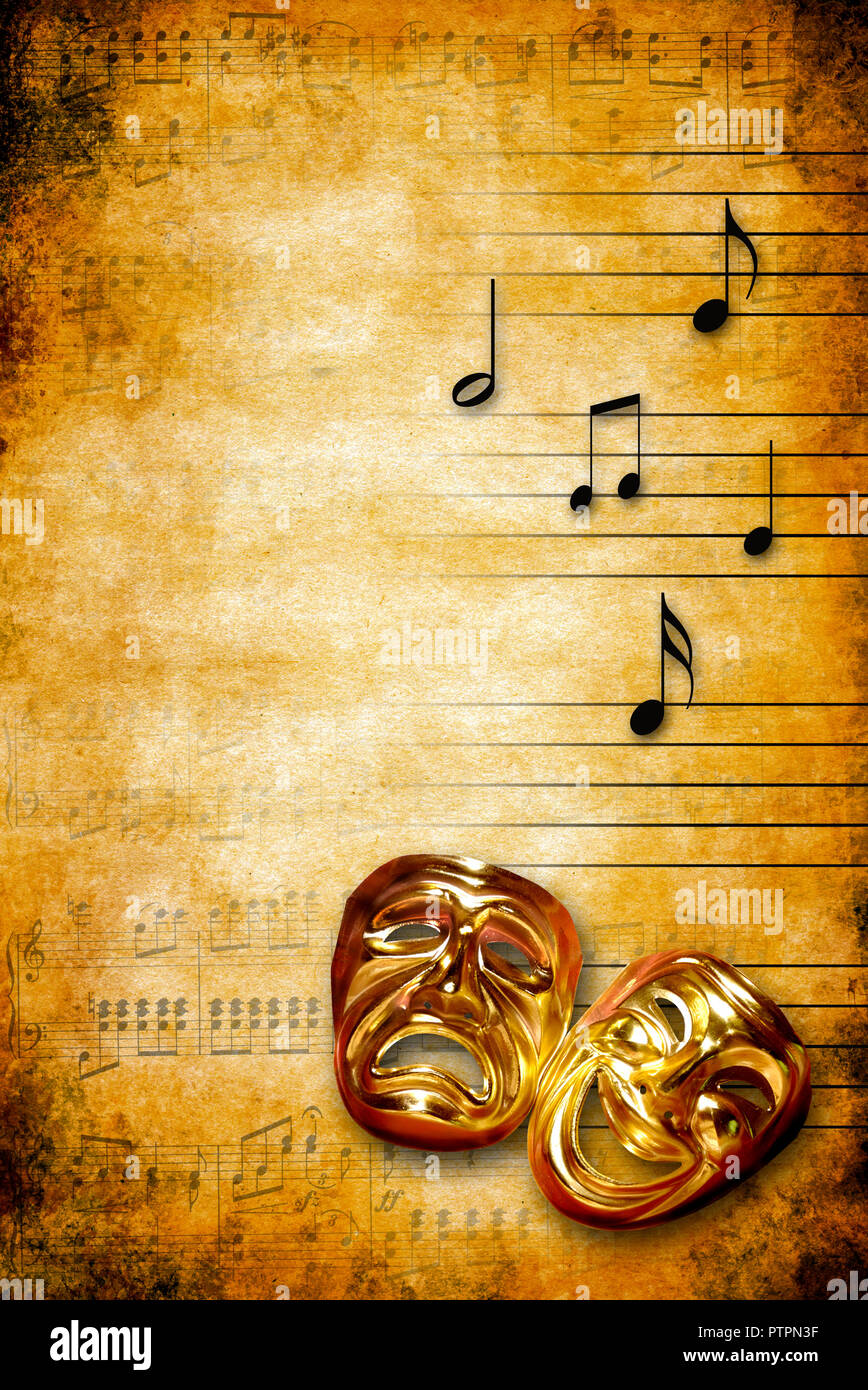 Masken und Noten, Konzept für Theater und Musical Stockfoto