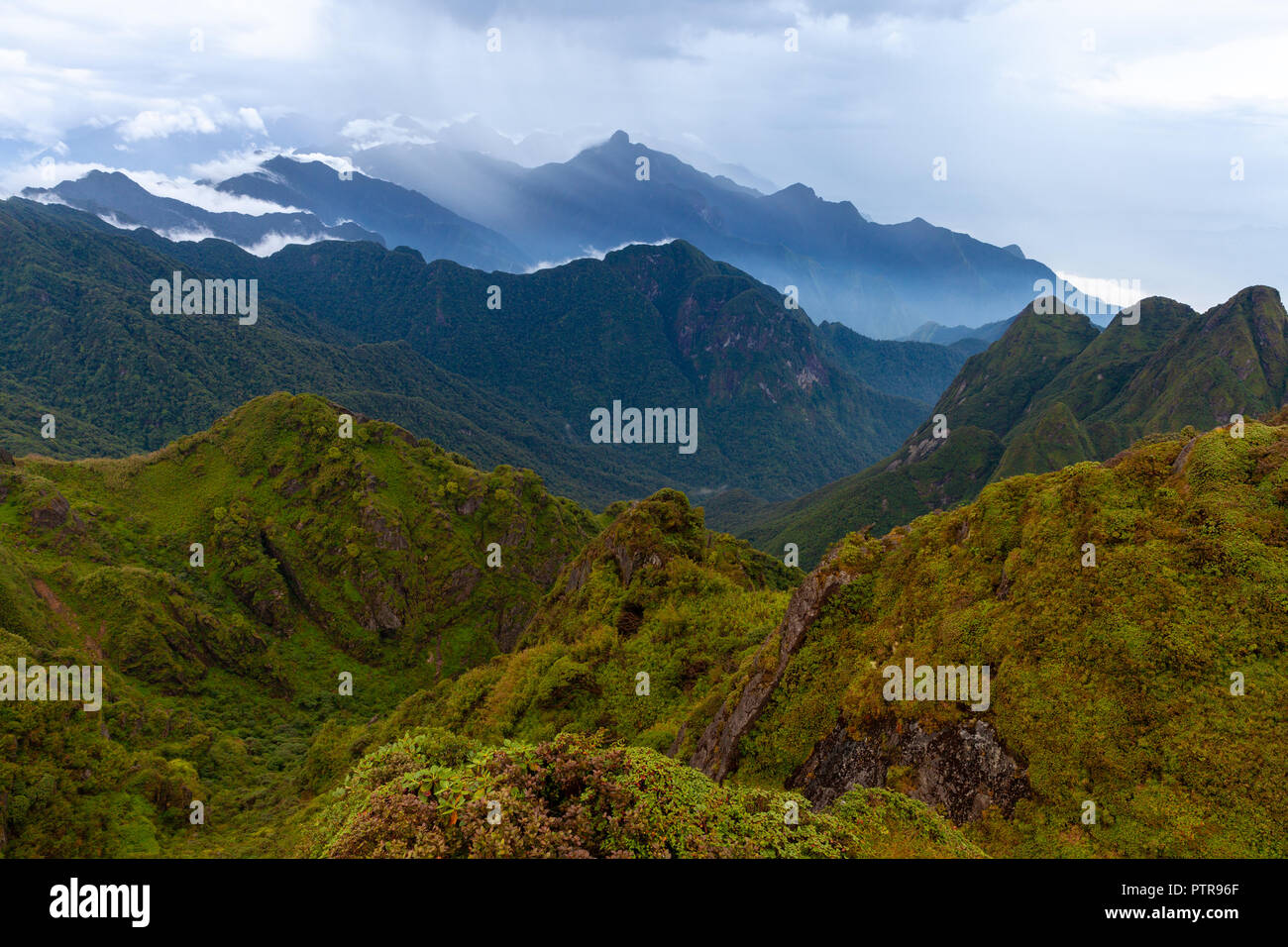 Atemberaubende Aussicht auf die bergige Gelände vom Gipfel des höchsten Indochina Peak, den Fansipan Berg, Sapa, Lao Cai, Vietnam Stockfoto