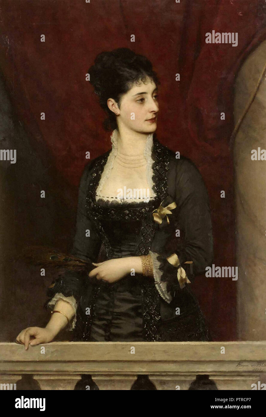Blaas Eugene De-elegante Dame mit Pfauenfedern Stockfoto