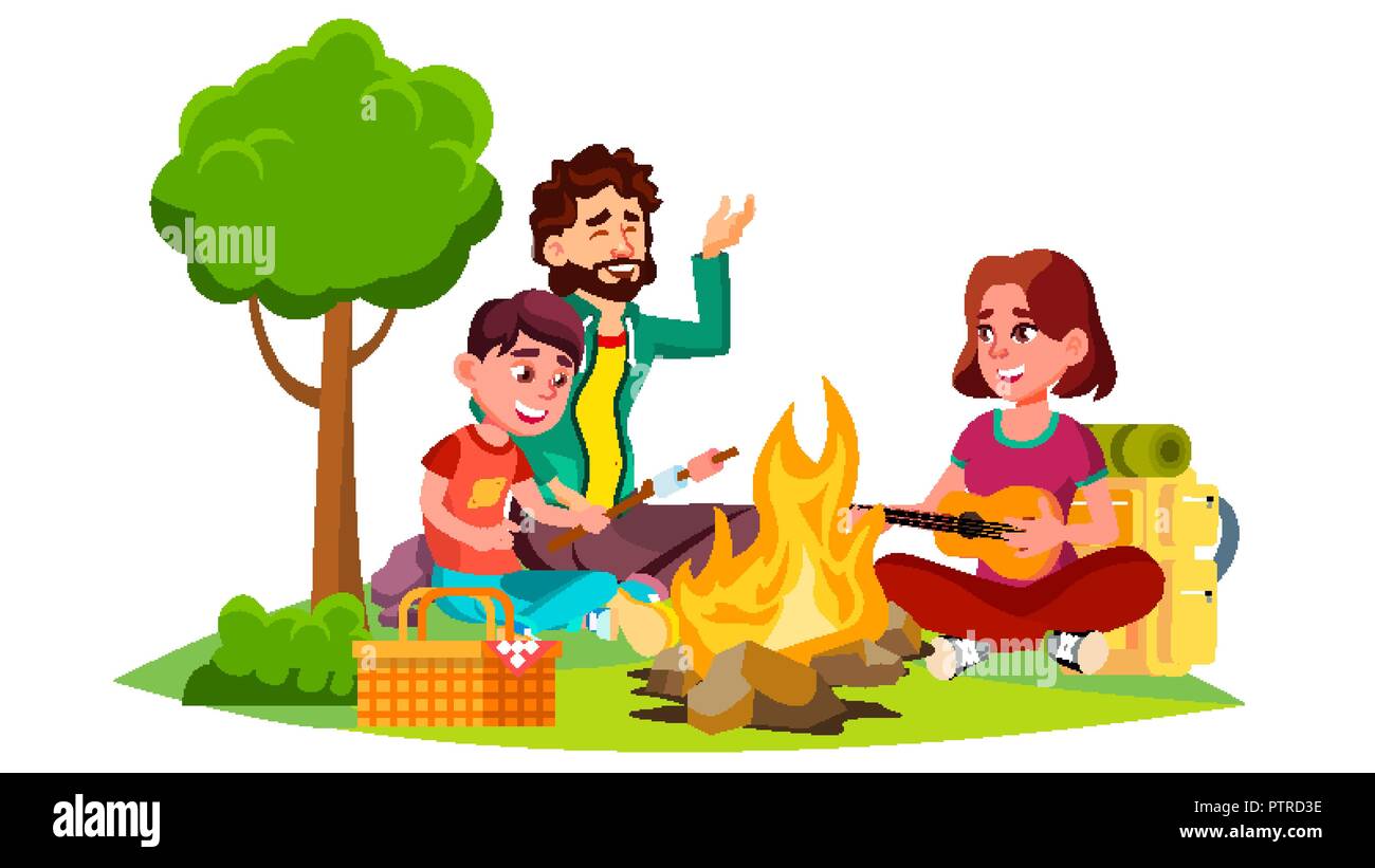 Glückliche Familie mit Kindern am Lagerfeuer Vektor sitzen. Isolierte Abbildung Stock Vektor