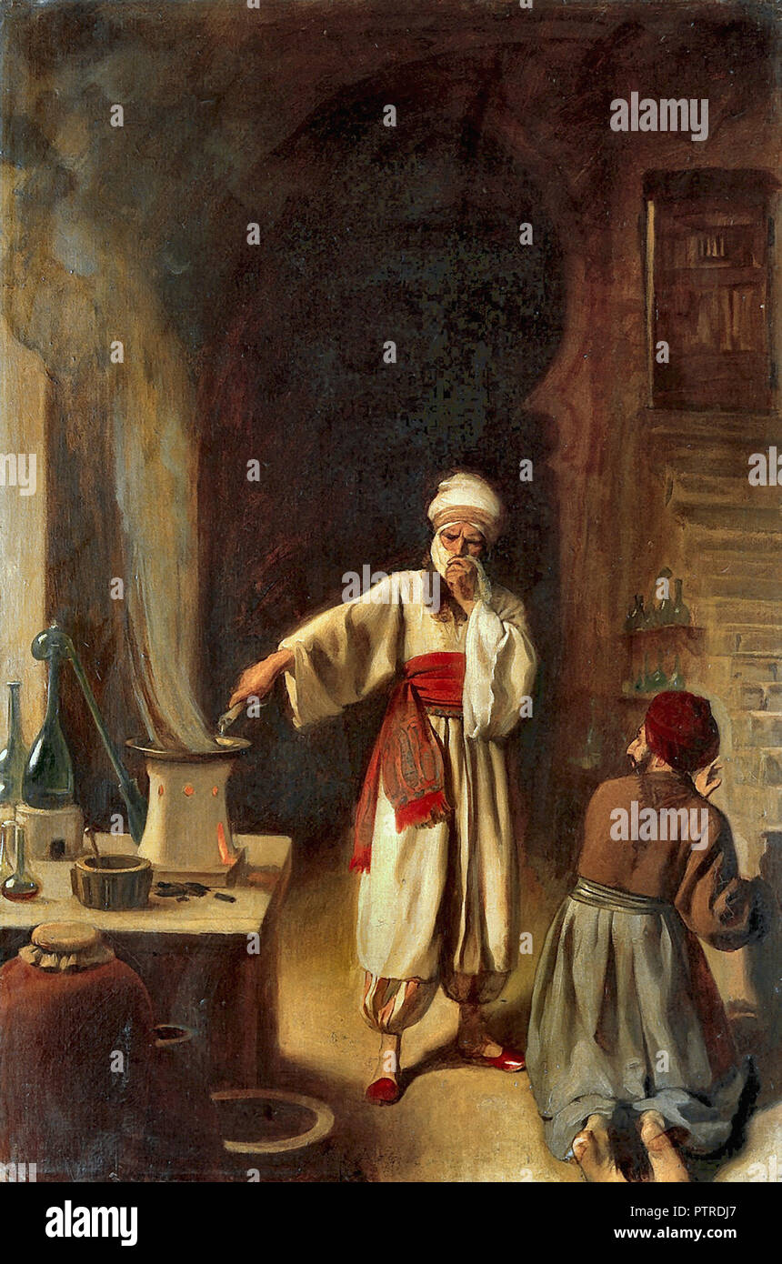 Board Ernest - rhazes Persische Arzt und Alchemist in seinem Labor in Bagdad Stockfoto