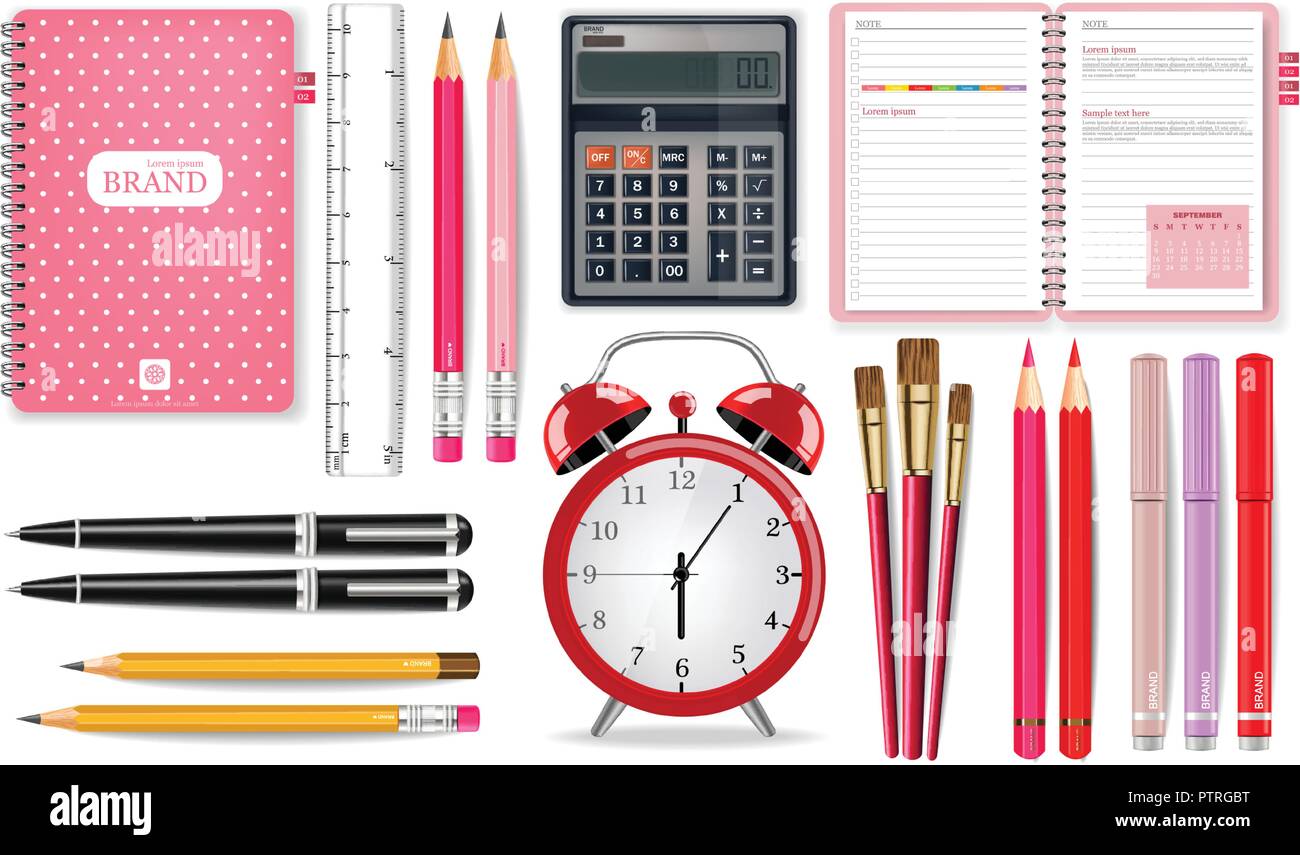 Rosa Schule liefert Vektor realistisch. Wecker, Taschenrechner, Notizbuch und Stift tools. Detaillierte 3 Abbildung d Stock Vektor