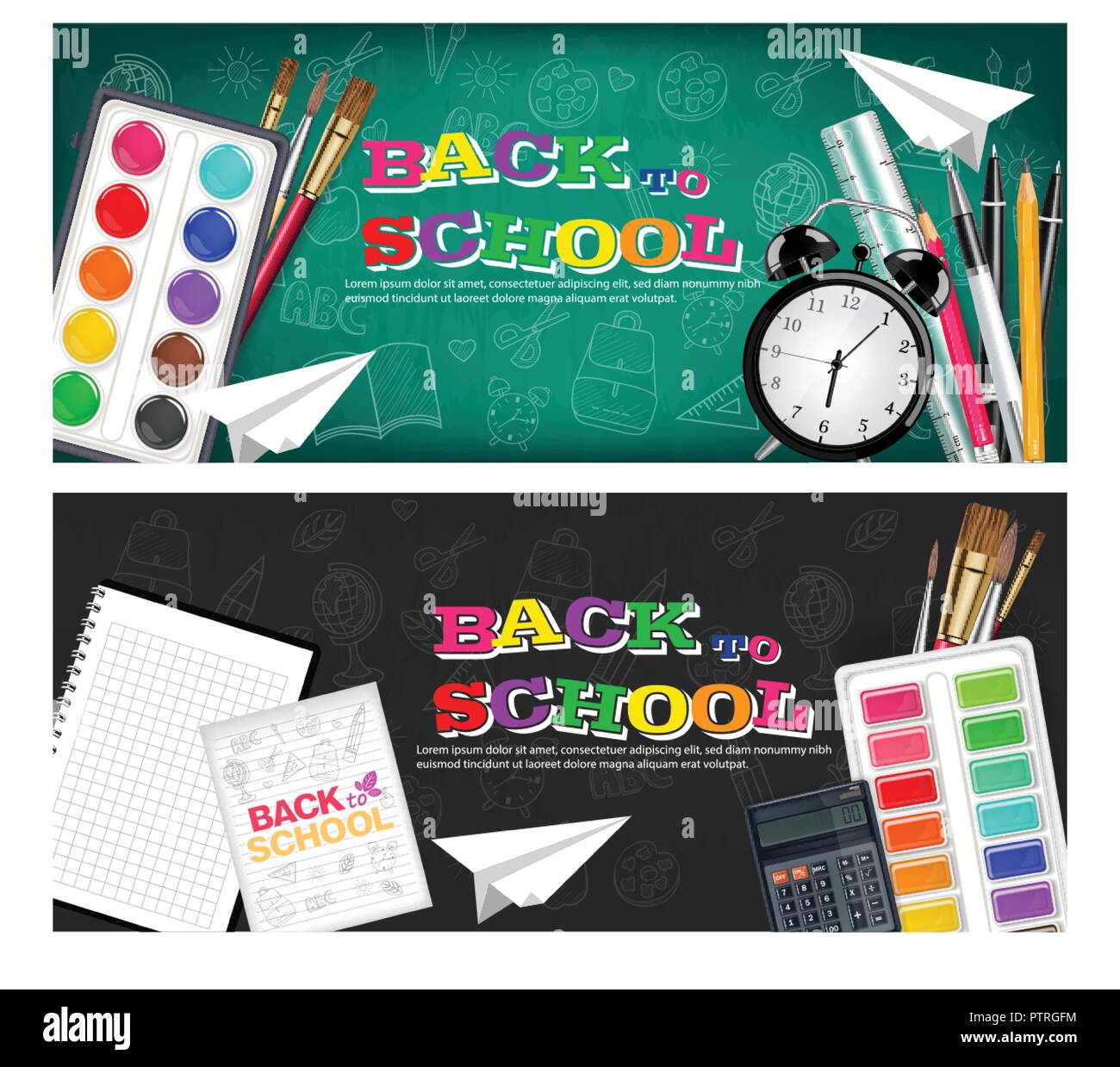 Zurück zu Schule banner set Vektor realistisch. Wecker, Pinsel, Bleistift, Aquarell von Paletten. 3d Ausführliche Darstellung Stock Vektor