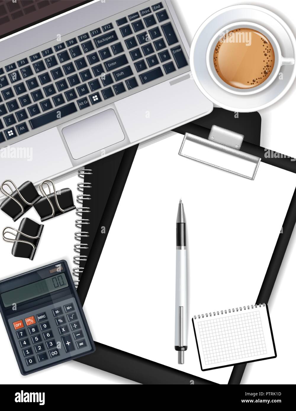 Schreibtisch mit Laptop, Kaffee, Stift und Taschenrechner Vektor realistisch. 3D-Darstellung Stock Vektor