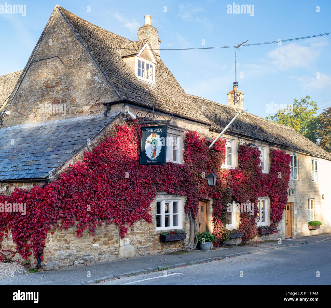 Parthenocissus Tricuspidata. Boston Ivy/Japanische Kriechgang an den Wänden des Fox Inn. Untere Oddington, Cotswolds, Gloucestershire, England Stockfoto