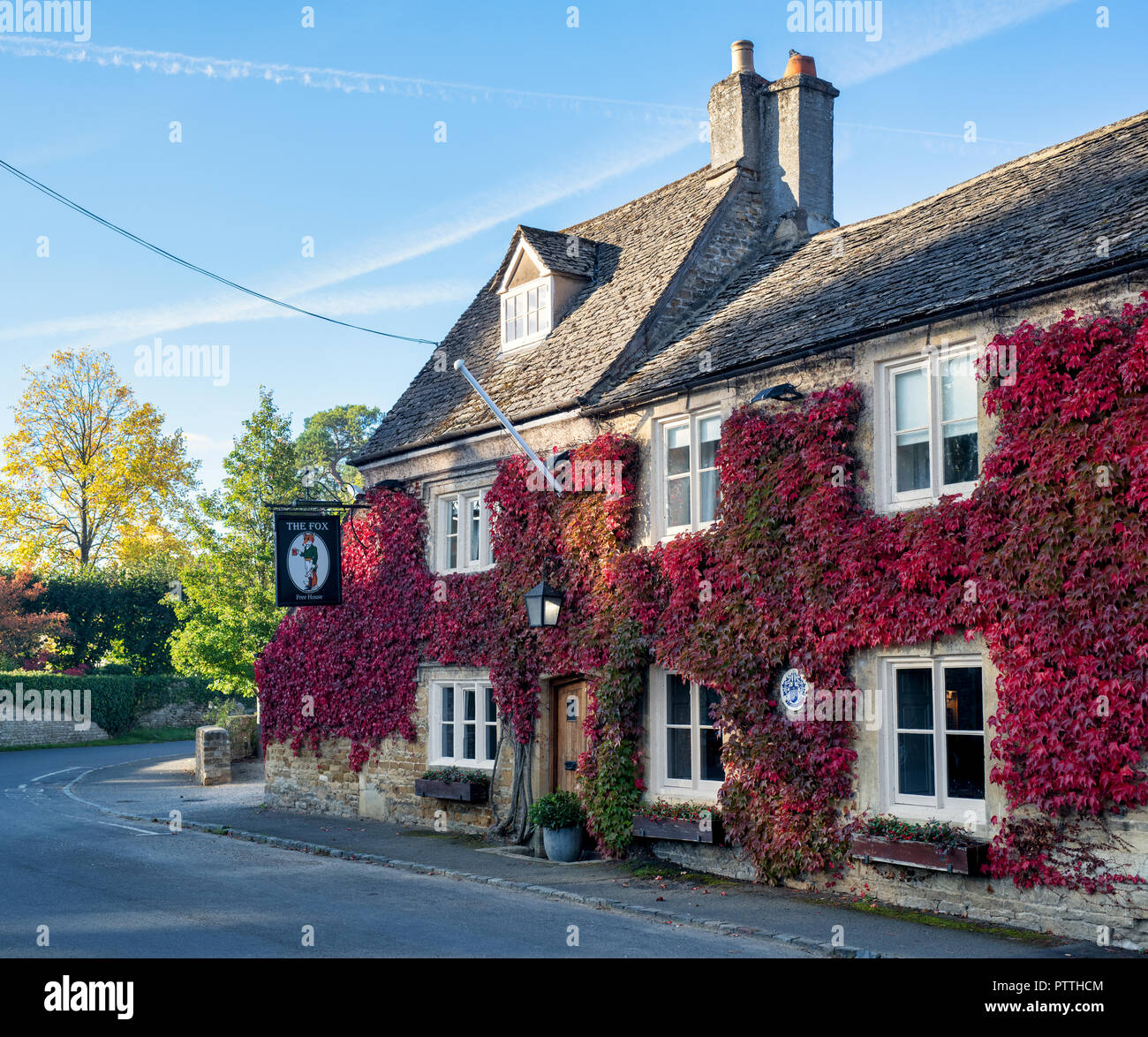 Parthenocissus Tricuspidata. Boston Ivy/Japanische Kriechgang an den Wänden des Fox Inn. Untere Oddington, Cotswolds, Gloucestershire, England Stockfoto