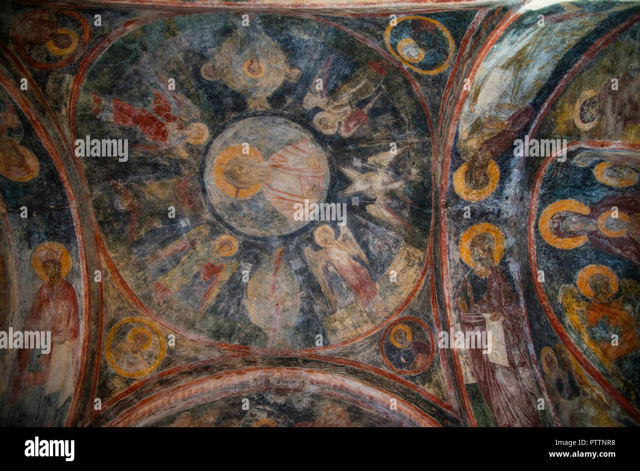 Deckengemälde im Inneren Agia Sofia an Mystras, Griechenland Stockfoto