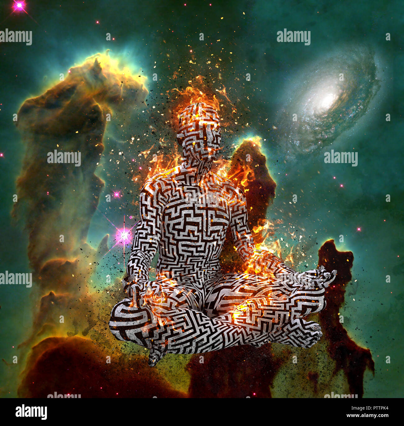 Surrealismus. Abbildung der Mann mit Labyrinth Muster im Lotussitz in Flammen. Meditation im Weltraum. 3D-Rendering Stockfoto