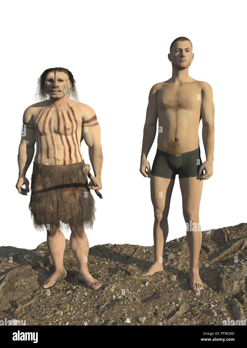Digitale Illustration und 3D-Render eines Neandertal Mann Stockfoto