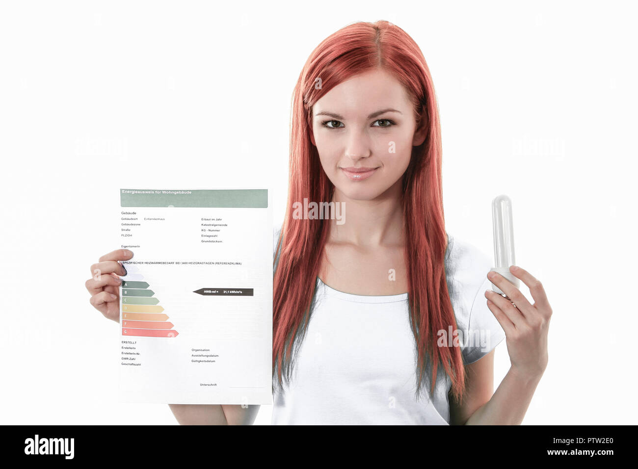 Junge Rothaarige Frau Mit Einem Energiepass Fur Hauser Und