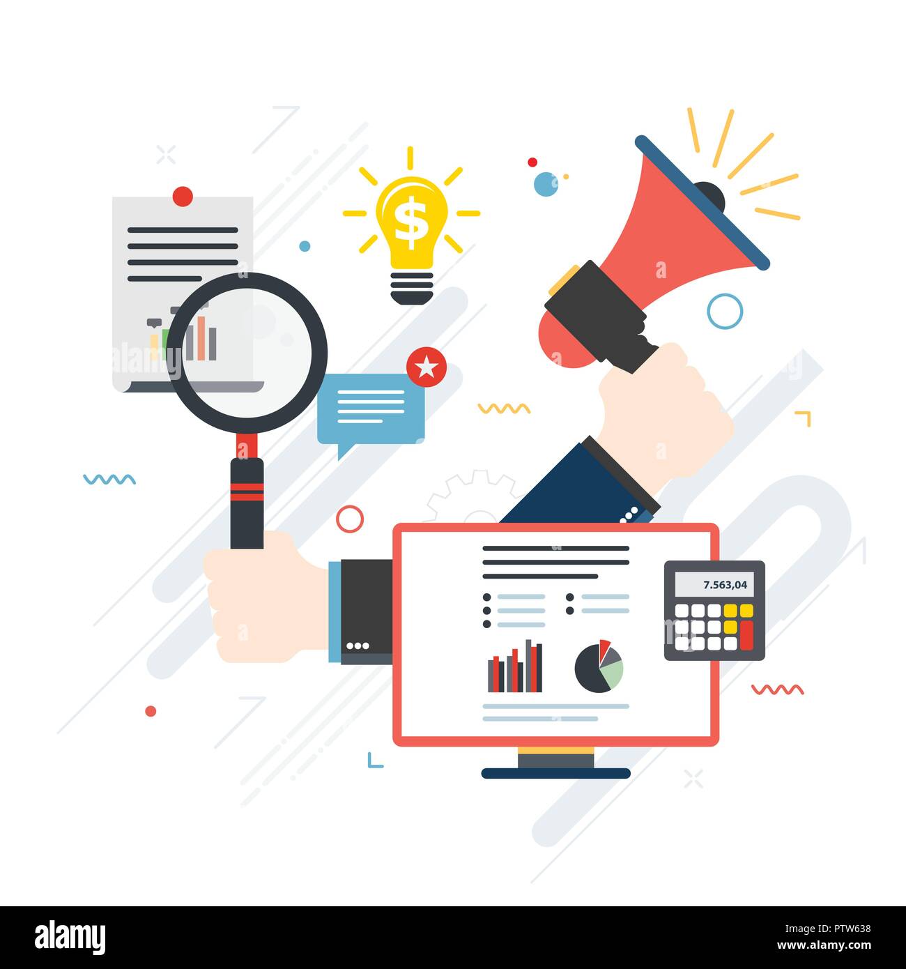 Hand mit Lupe und Megaphon, finanziellen Plan. . Business Icon und Bildschirm mit Daten Analyse. Konzept der Geschäfts-, Finanz- und Su Stock Vektor