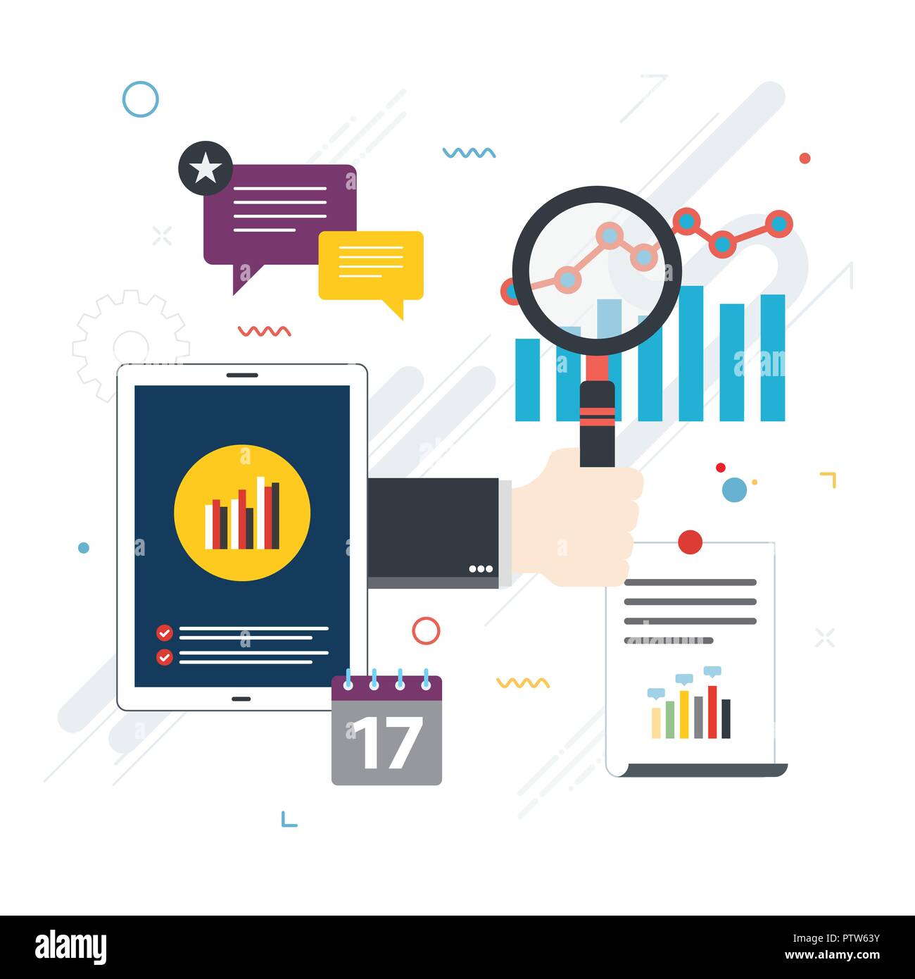Hand mit Lupe und finanziellen Plan für Wachstum und Gewinn. Zielsymbol, Rechner, Datenanalyse, Chat, Geld. Konzept der Investitionen Stock Vektor