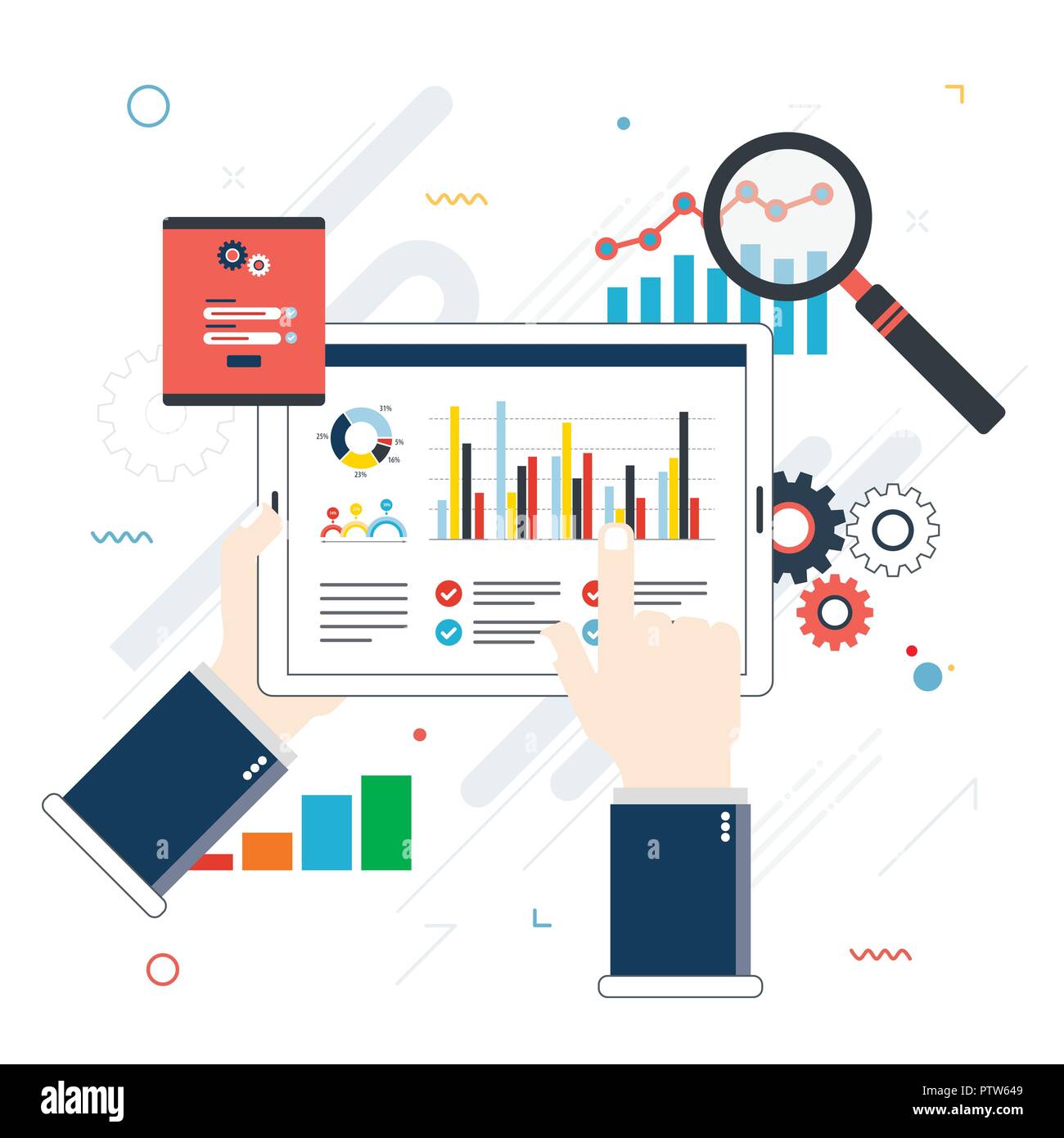 Flaches Design Vektor Illustration Konzept der Geldanlage, Analytik mit Wachstum Bericht. Sicherheit und Cloud-Daten. Berechnungen und Grafiken der gai Stock Vektor