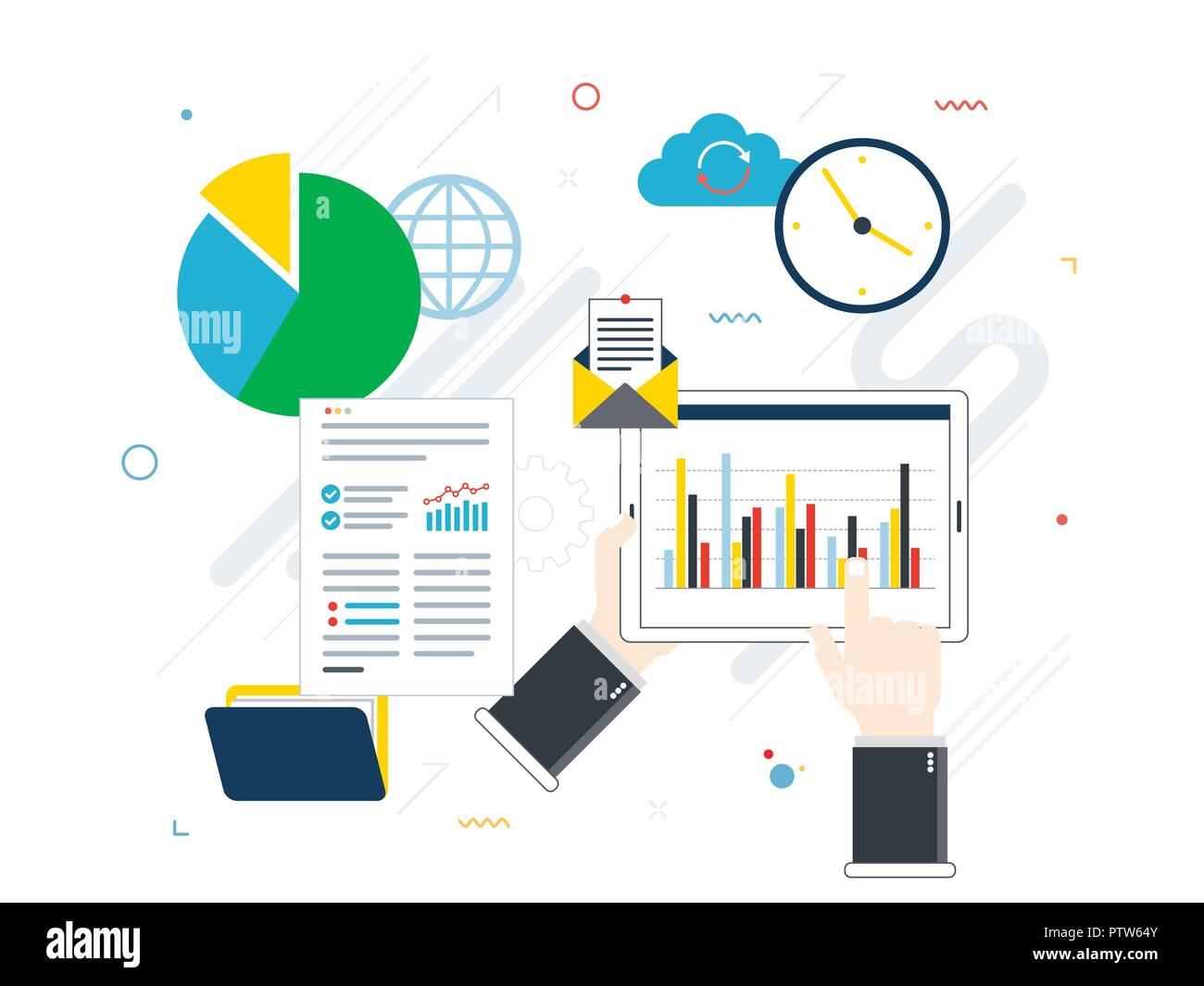 Flaches Design Vektor Illustration Konzept der Geldanlage, Analytik mit Wachstum Bericht. Sicherheit und Cloud-Daten. Berechnungen und Grafiken der gai Stock Vektor