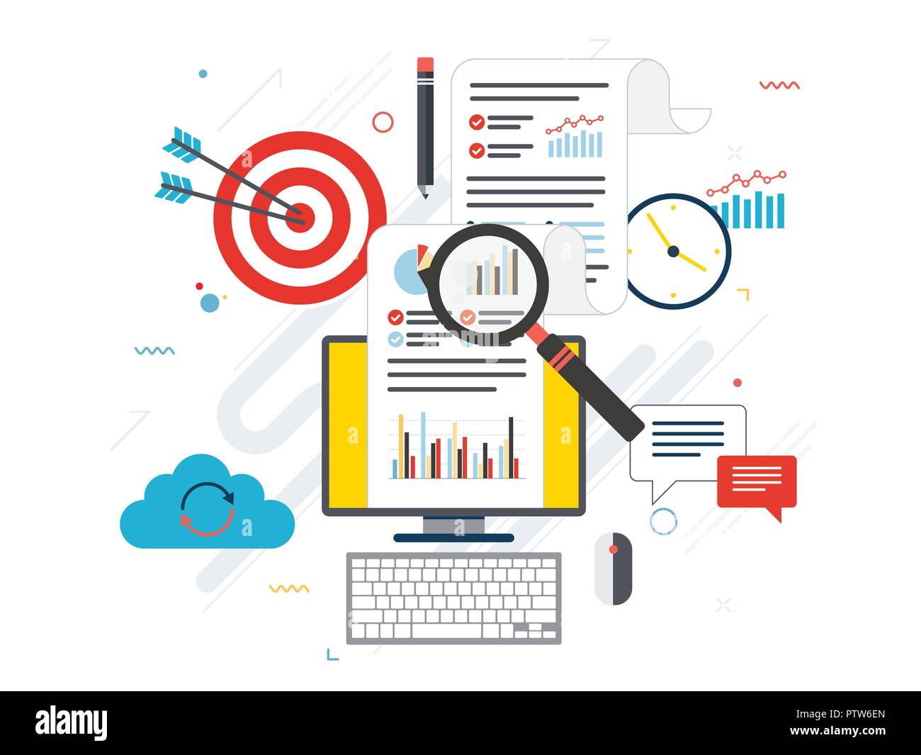 Flaches Design Konzepte für Business Marketing, Analyse und Strategie in Vektor Design. Analyse der Daten und Finanzen, digitales Marketing und Startup und neue Stock Vektor