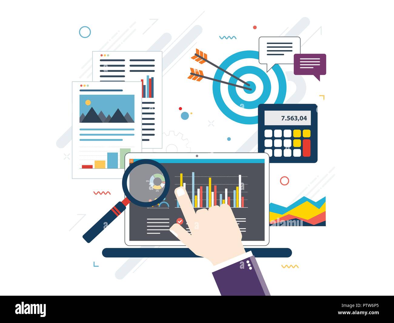 Konzept der Geldanlage, Analytik mit Wachstum Bericht. Berechnungen und Grafiken der Gewinne an der Börse und Real Cash-Gewinn. Erfolgreiche Stock Vektor